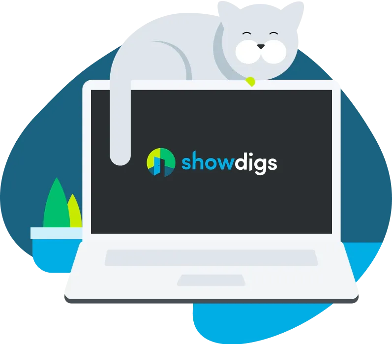 Cat sitting on a laptop with the Showdigs logo
