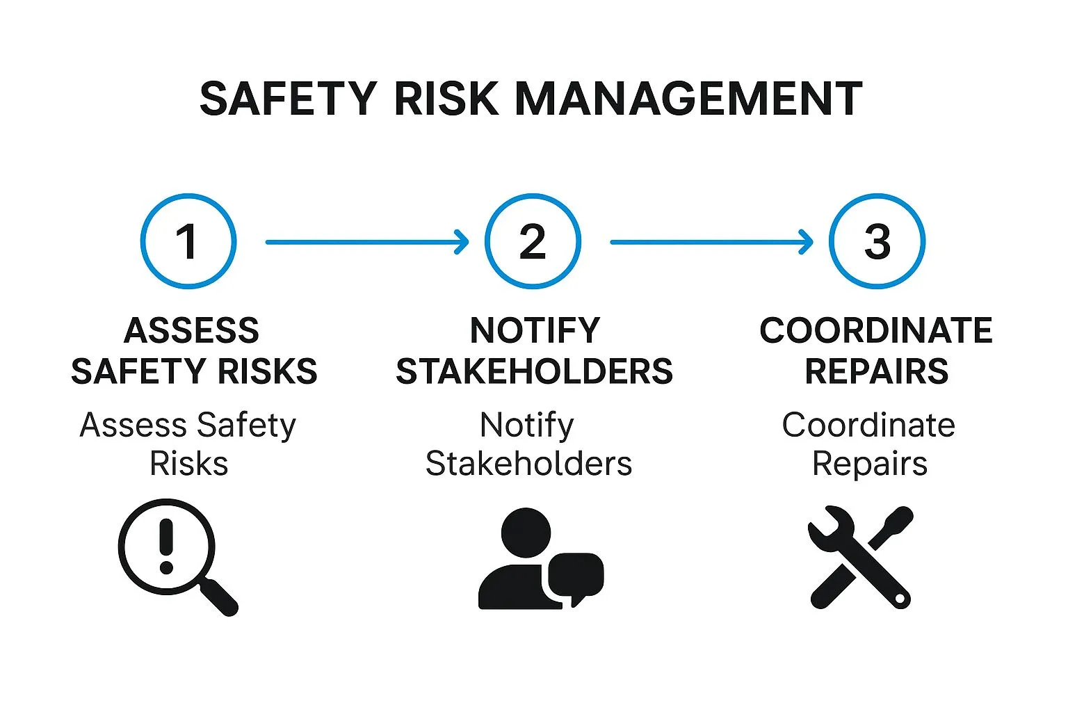 Infographic showing a three-step emergency response process: Assess Safety Risks, Notify Stakeholders, and Coordinate Repairs.